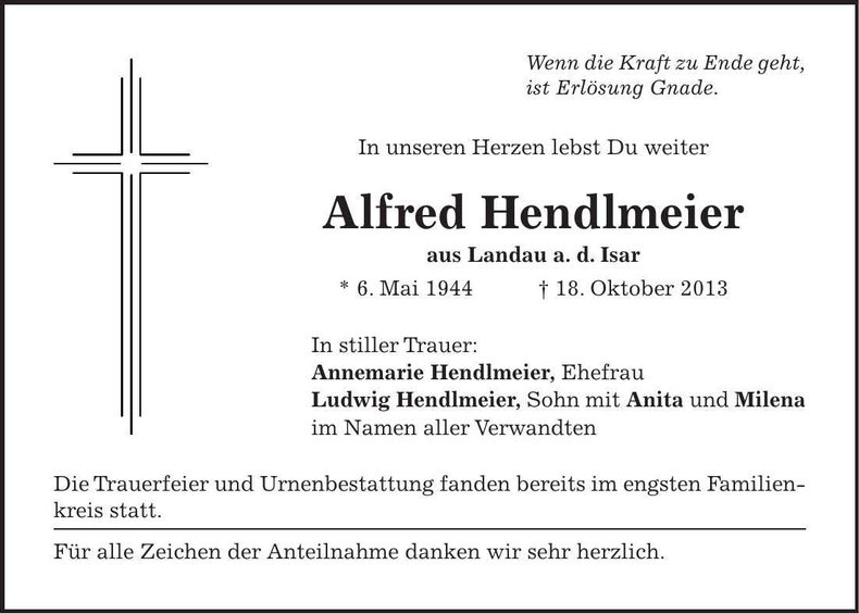 Traueranzeige Alfred Hendlmeier