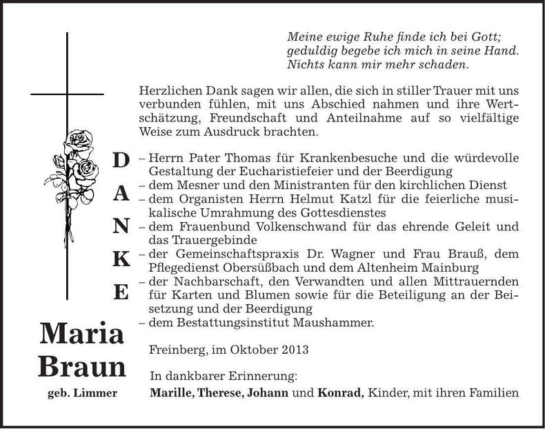 Traueranzeige Maria Braun