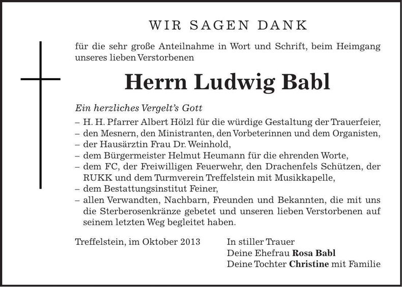 Traueranzeige Ludwig Babl