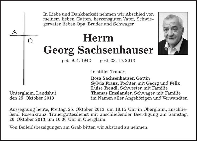 Traueranzeige Georg Sachsenhauser