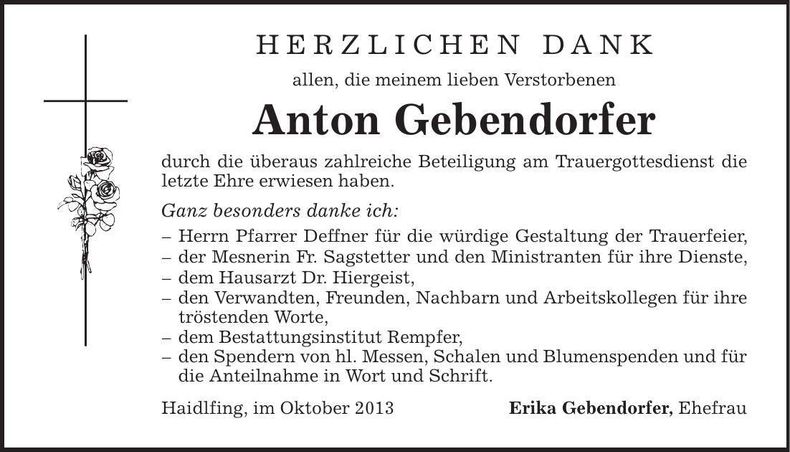 Traueranzeige Anton Gebendorfer