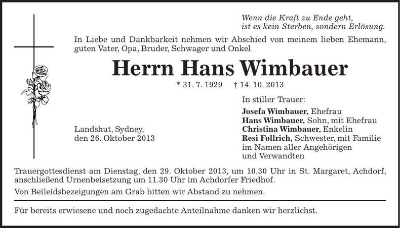 Traueranzeige Hans Wimbauer