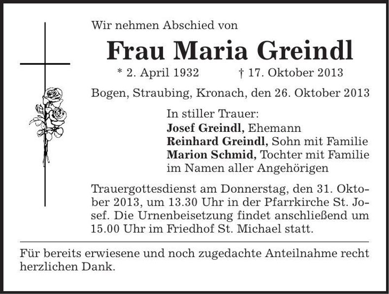 Traueranzeige Maria Greindl