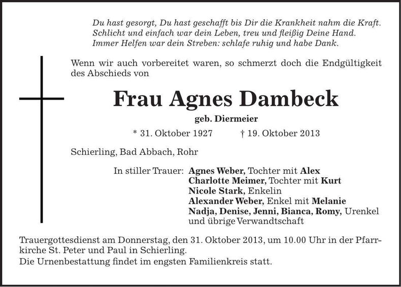 Traueranzeige Agnes Dambeck