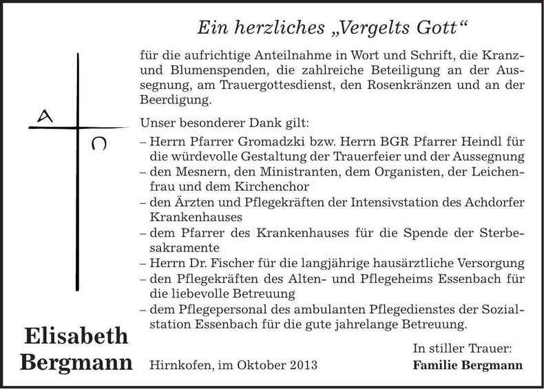 Traueranzeige Elisabeth Bergmann