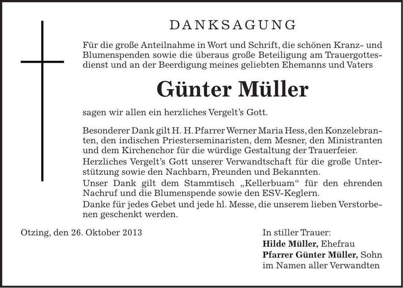Traueranzeige Günter Müller