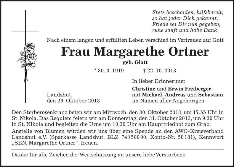 Traueranzeige Margarethe Ortner
