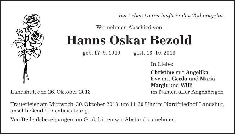 Traueranzeige Hanns Oskar Bezold