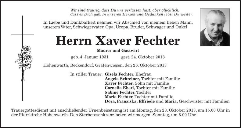 Traueranzeige Xaver Fechter