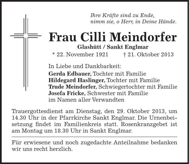 Traueranzeige Cilli Meindorfer