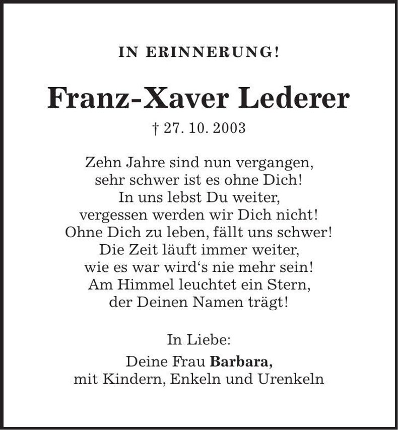 Traueranzeige Franz-Xaver Lederer