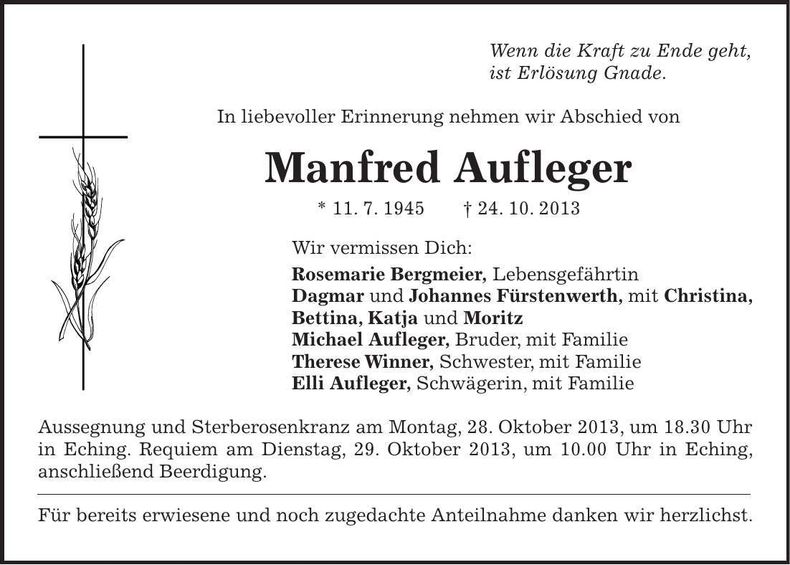 Traueranzeige Manfred Aufleger