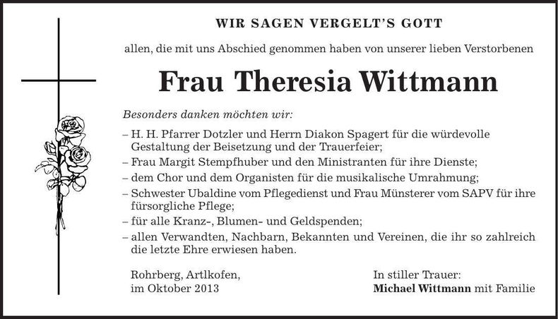 Traueranzeige Theresia Wittmann