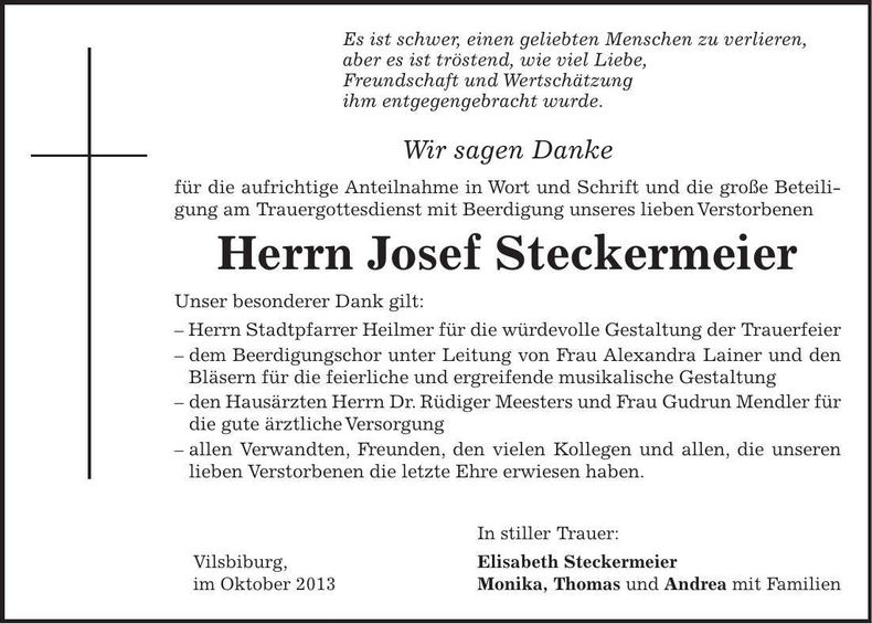 Traueranzeige Josef Steckermeier