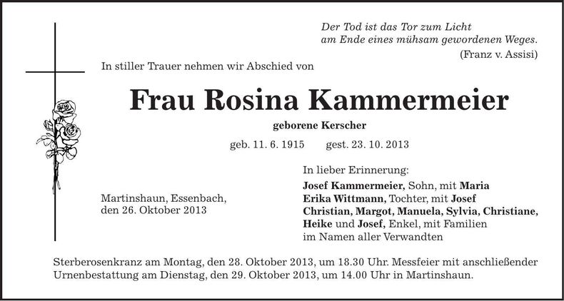 Traueranzeige Rosina Kammermeier