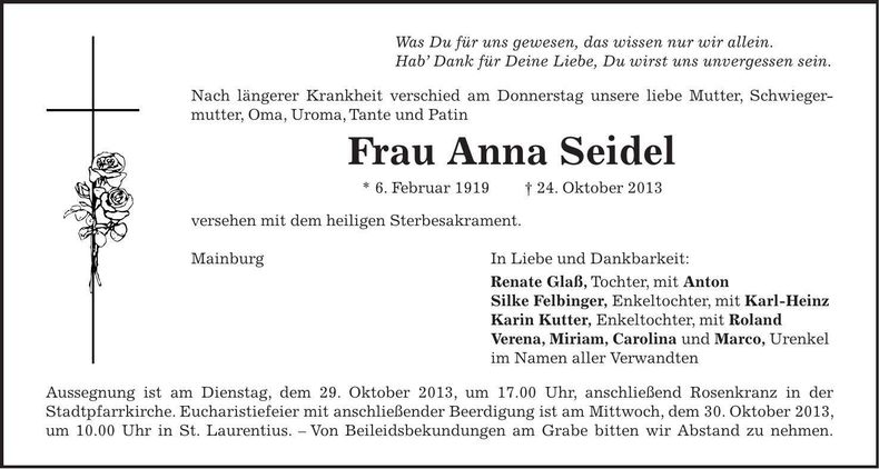 Traueranzeige Anna Seidel