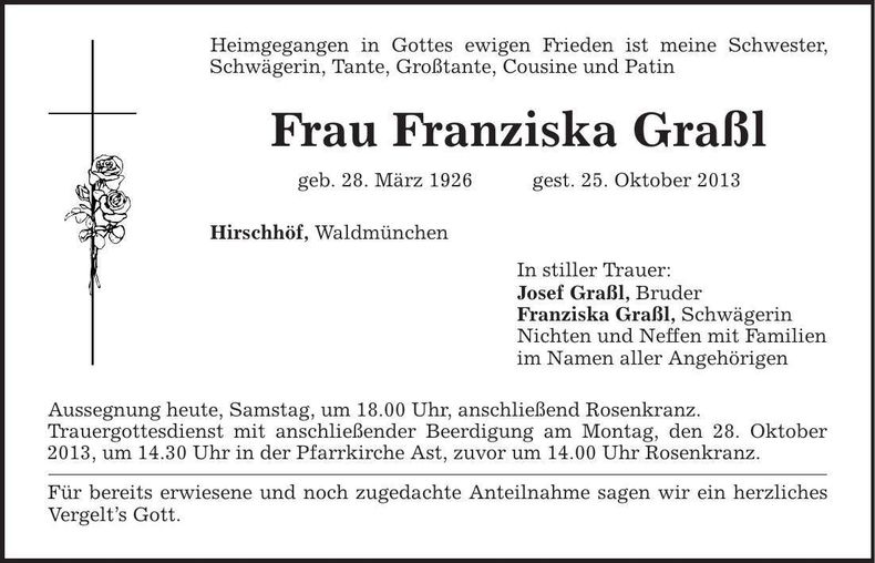 Traueranzeige Franziska Graßl