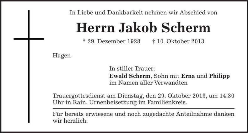 Traueranzeige Jakob Scherm