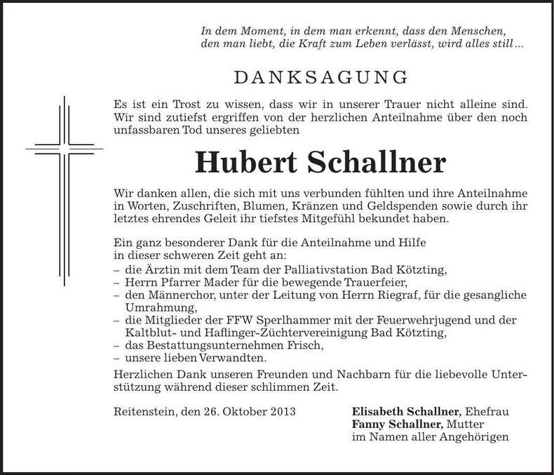 Traueranzeige Hubert Schallner