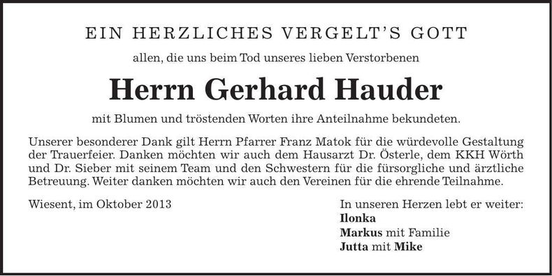 Traueranzeige Gerhard Hauder