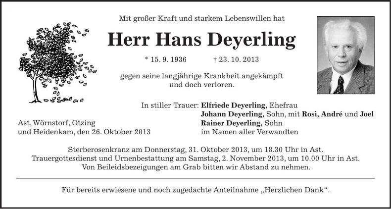 Traueranzeige Hans Deyerling