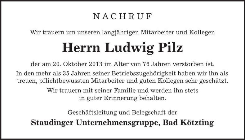 Traueranzeige Ludwig Pilz