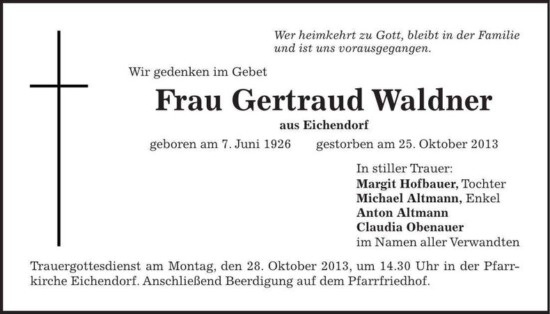 Traueranzeige Gertraud Waldner