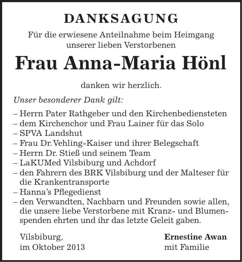 Traueranzeige Anna-Maria Hönl