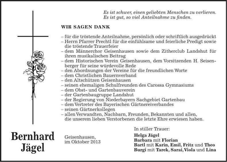 Traueranzeige Bernhard Jägel