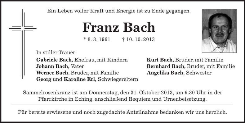 Traueranzeige Franz Bach
