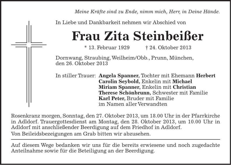 Traueranzeige Zita Steinbeißer