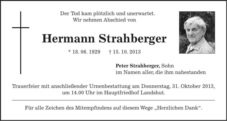 Traueranzeige Hermann Strahberger