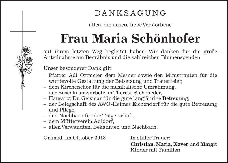 Traueranzeige Maria Schönhofer