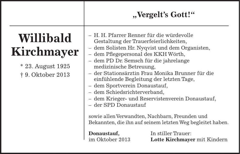 Traueranzeige Willibald Kirchmayer