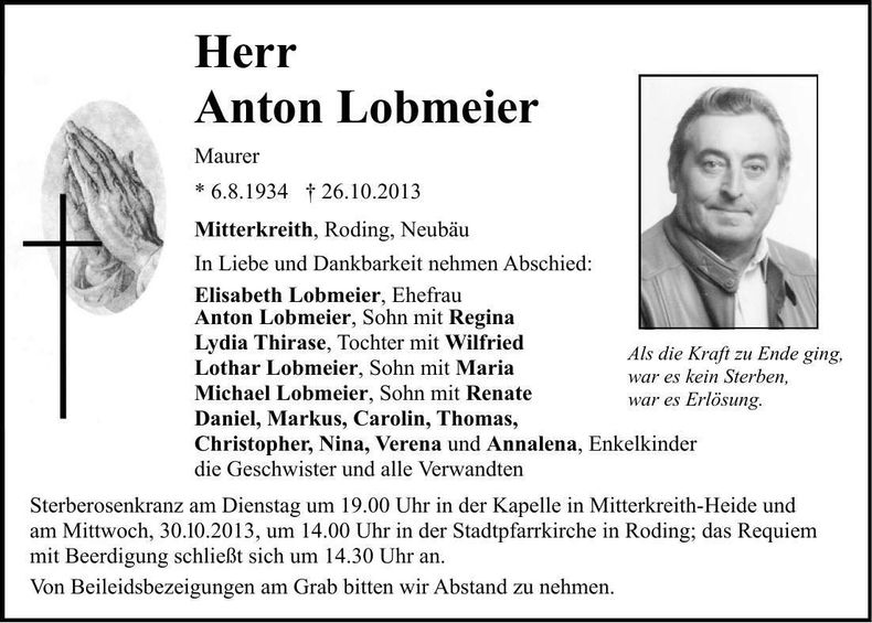 Traueranzeige Anton Lobmeier
