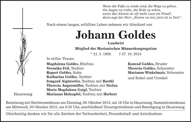 Traueranzeige Johann Goldes