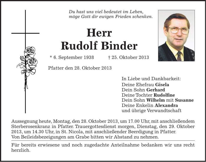 Traueranzeige Rudolf Binder