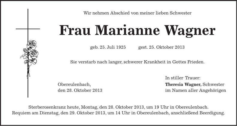 Traueranzeige Marianne Wagner