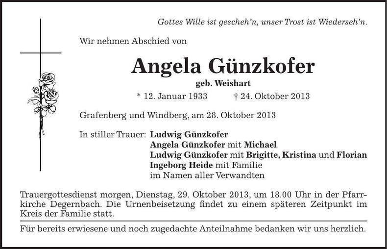 Traueranzeige Angela Günzkofer