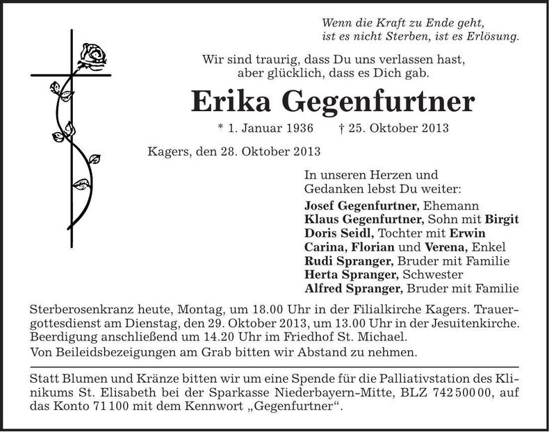 Traueranzeige Erika Gegenfurtner