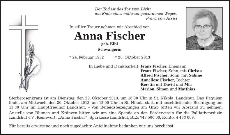 Traueranzeige Anna Fischer