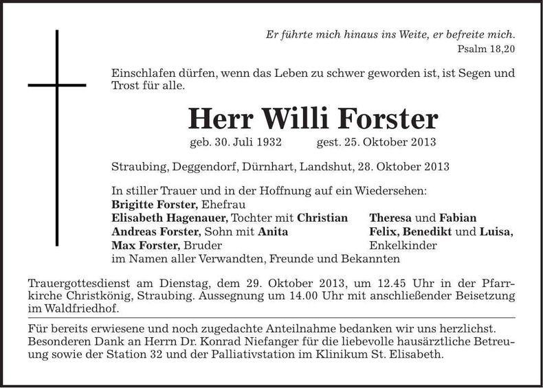 Traueranzeige Willi Forster