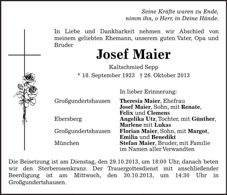 Traueranzeige Josef Maier