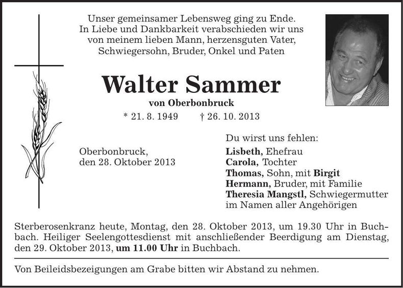 Traueranzeige Walter Sammer