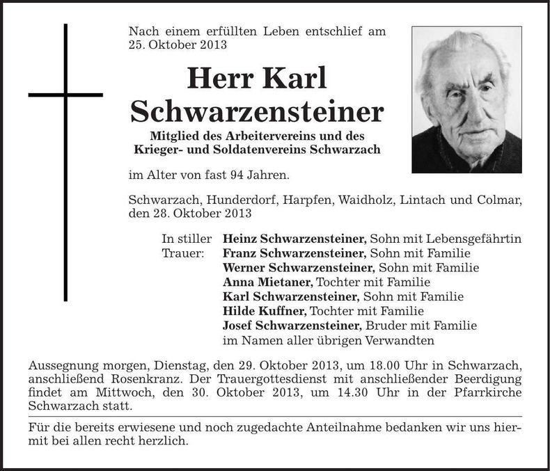 Traueranzeige Karl Schwarzensteiner
