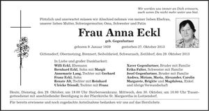 Traueranzeige Anna Eckl