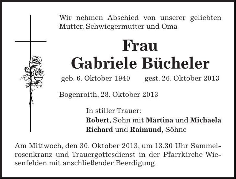 Traueranzeige Gabriele Bücheler