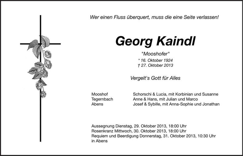 Traueranzeige Georg Kaindl