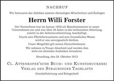 Traueranzeige Willi Forster
