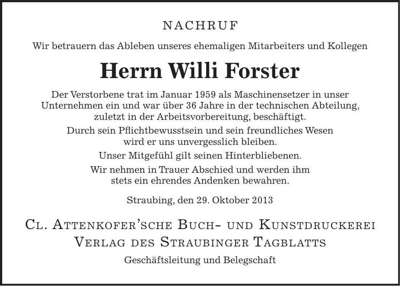 Traueranzeige Willi Forster